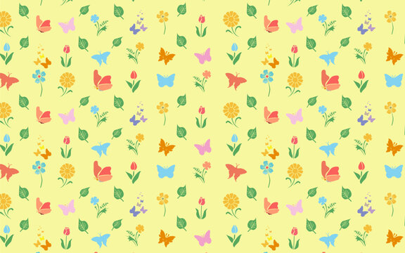 butterfly and flower with yellow background seamless pattern