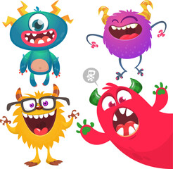 Funny cartoon monsters with different face expressions. Set of cartoon vector happy monsters characters. Halloween design for party decoration,  package design