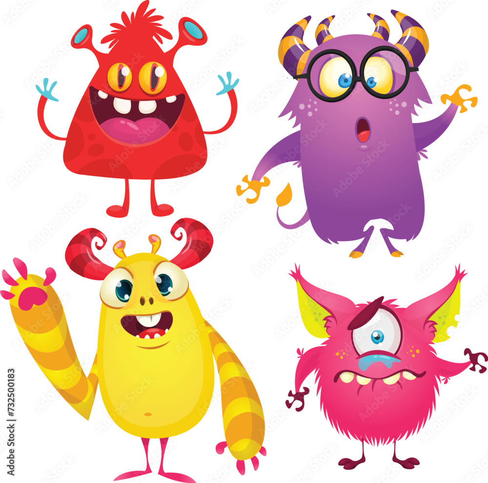 Wall mural Funny cartoon monsters with different face expressions. Set of cartoon vector happy monsters characters. Halloween design for party decoration,  package design