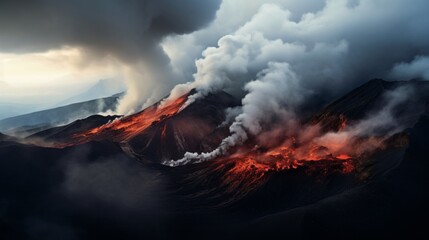View of the natural landscape with an erupting volcano