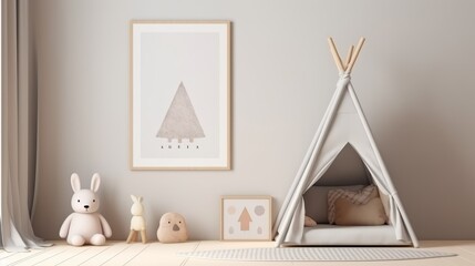 The minimalist interior of the children's room in Scandinavian style in light pastel colors. Soft toys, a painting, a teepee near the bright wall of the house.