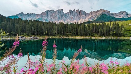 Breathtaking view of Lake Carezza in the Dolomites in Italy.