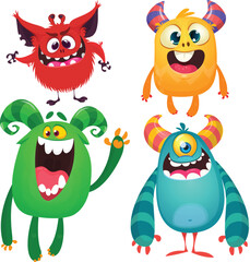 Funny cartoon monsters with different face expressions. Set of cartoon vector happy monsters characters. Halloween design for party decoration,  package design