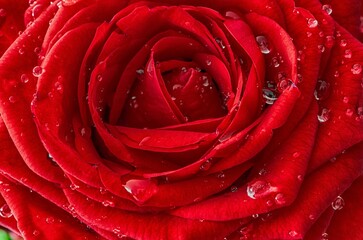 Closeup shot of a vibrant red rose, featuring drops of water on its delicate petals.