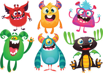 Obraz premium Cute cartoon Monsters. Set of cartoon monsters: goblin, ghost, troll, monster, yeti and alien . Halloween design. Vector illustration isolated