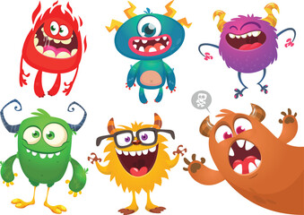 Funny cartoon monsters with different face expressions. Set of cartoon vector happy monsters characters. Halloween design for party decoration,  package design