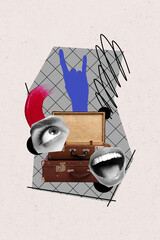 Psychedelic conceptual collage artwork of female face puzzle elements inside retro suitcase rock...