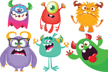 Cute cartoon Monsters. Set of cartoon monsters: goblin, ghost, troll, monster, yeti and alien . Halloween design. Vector illustration isolated
