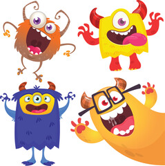 Funny cartoon monsters with different face expressions. Set of cartoon vector happy monsters characters. Halloween design for party decoration,  package design