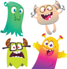 Funny cartoon monsters with different face expressions. Set of cartoon vector happy monsters characters. Halloween design for party decoration,  package design
