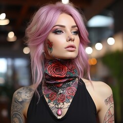Fashionable young woman with pink hair, individual style emphasized by bright colors and unique tattoo patterns. Concept of self-expression and individuality, youth audience and subculture.