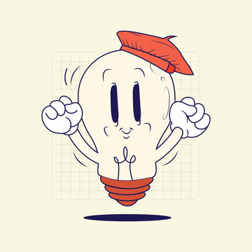 Vintage-style illustration of a vibrant cartoon character of a lamp with a bright background