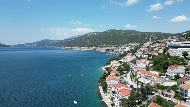 Drone landscape coast of Neum Town by the sea in Bosnia and Herzegovina