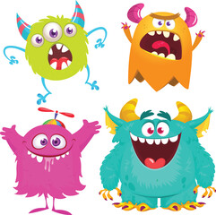 Funny cartoon monsters with different face expressions. Set of cartoon vector happy monsters characters. Halloween design for party decoration,  package design