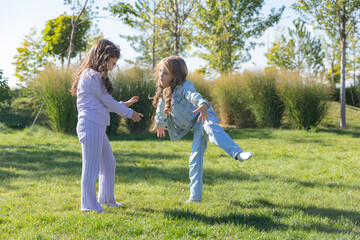 Naklejka na ściany i meble Two Little Girls Having Fun in Park on a Green Lawn. Friendship, relation, childhood, leisure and people concept