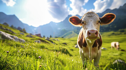 Fototapeta na wymiar A well-groomed cow on green meadow on a sunny day. Organic dairy products concept. Agricultural landscape. Generative AI