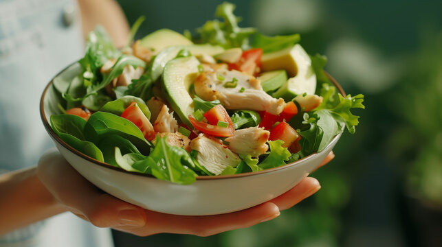 Picture of hands holding a bowl of very healthy salad, symbolizing health and self-development 
