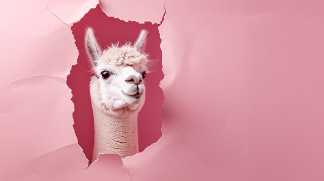 alpaca looking up in pastel color paper side torn hole isolated. Generative Ai