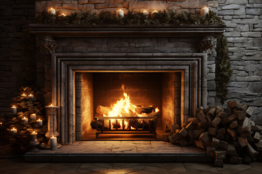 image of a burning fireplace made traditionally of stone