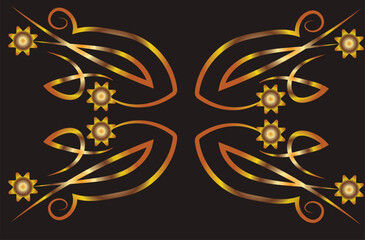 Symmetrical fantasy pattern with flowers. Illustration with place for inscription. Gold gradient on a black background for printing on fabric, applique and cards.