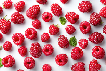 Pattern Fresh Raspberries Scattered on a White Background in Natural Daylight Ripe red raspberries...