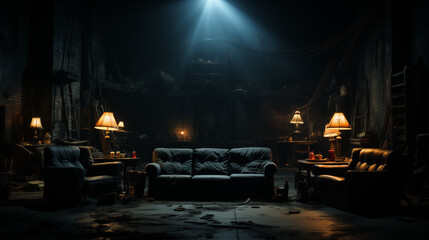 Moody Scene of Dimly lit Dark Interior with Leather Sofa. Dark Vintage Room with Dramatic Lamp Lights. Vintage black Salon. 