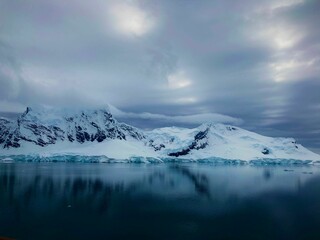 View of a spectacular icy fjord located in the Antarctic Peninsula