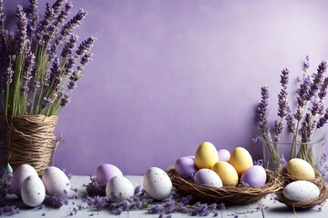 Delicate lavender backdrop adorned with whimsical Easter decorations and an array of eggs, setting...