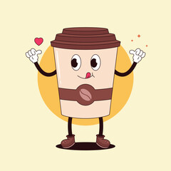 Cup coffee cartoon trendy retro hippie style