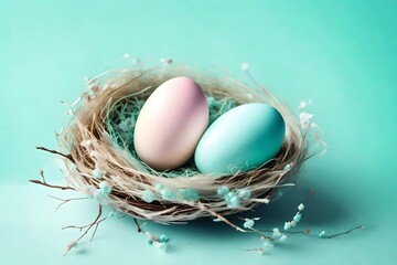 Delightful image of a pastel-hued Easter egg in a nest on the side, against a light turquoise background with a nest in shades of aqua, providing a serene and flat surface for your celebratory message
