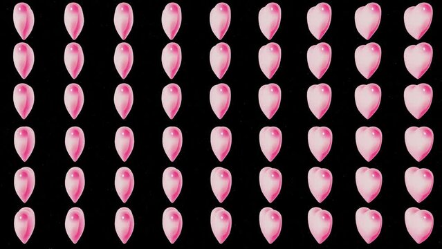 3D many rotating pink hearts on a black background isolated. Texture pattern Love Valentine's day celebration. Dreamy y2k cute romantic symbol. Wedding gift card. Animation seamless loop 4k 30fp