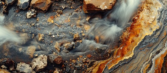 A river meandering through rocks provides a picturesque view, resembling a natural phenomenon influenced by heat and gas.