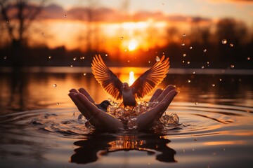 A symbol of freedom and liberation, a bird flies from open hands into the golden hues of a mesmerizing sunset, evoking a sense of awe and inspiration - obrazy, fototapety, plakaty