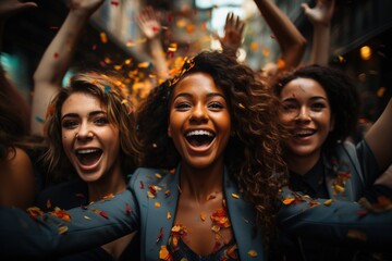 Amidst a shower of confetti, a diverse group of employees celebrates their triumph, highlighting the positive outcomes of teamwork and collaboration in business teambuilding initiatives
