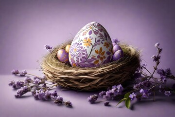 Fototapeta na wymiar Delightful image of a beautifully crafted Easter egg nestled in a nest on the side, against a muted lavender background, providing a charming and flat surface for your festive message