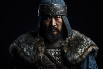 Portrait of a medieval mongol warrior on a black background, Ai Generated