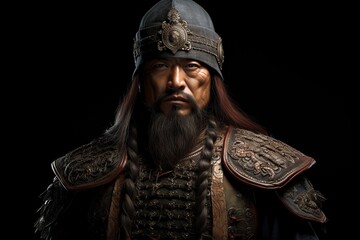 Portrait of a medieval warrior in armor and helmet isolated on black background, Ai Generated