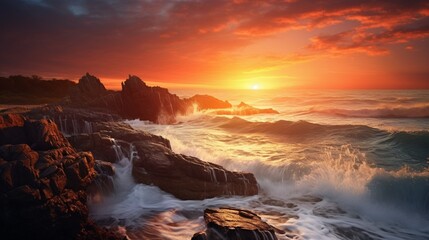 Obraz premium An Aesthetic Sunrise Scene Over Coastal Horizons: Golden Rays Painting the Sky and Sea with Serenity.