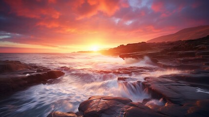 Fototapeta na wymiar An Aesthetic Sunrise Scene Over Coastal Horizons: Golden Rays Painting the Sky and Sea with Serenity.