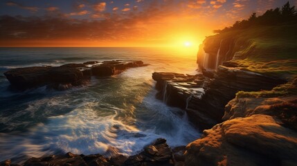 An Aesthetic Sunrise Scene Over Coastal Horizons: Golden Rays Painting the Sky and Sea with Serenity.