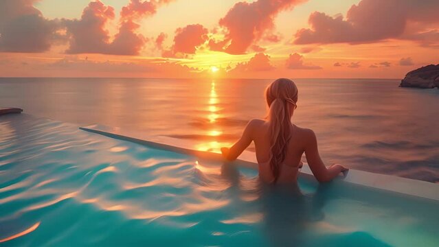 woman relaxing in swimming pool jacuzzi at luxury hotel spa enjoying beautiful sunset view of ocean mediterranean travel holiday resort 4k video back view