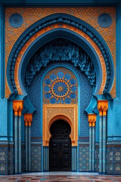 Arabian Nights: A Blue Doorway in a Blue and Gold Building Generative AI