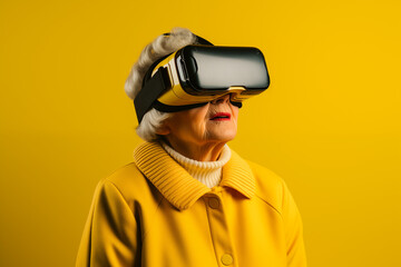 Virtual reality for elderly person, lady wearing vc glasses, admiring artificial intelligence