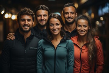 Dressed in sportswear, a group of friends shares laughter and smiles, radiating happiness and friendship as they bond over their shared love for active living - obrazy, fototapety, plakaty