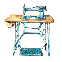 Old sewing machine illustration. Sewing tool painting. Sew or tailor concept design.