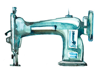 Old sewing machine illustration. Sewing tool painting. Sew or tailor concept design.