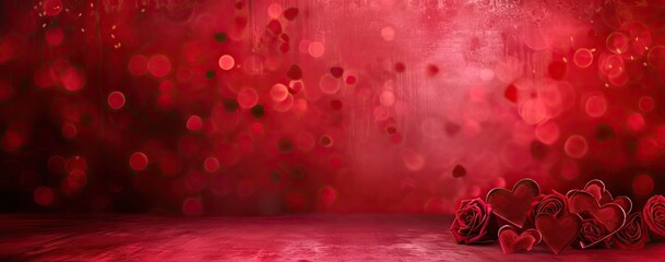 Red backdrop adorned with elegant roses and romantic perfect for showcasing products scene is with...