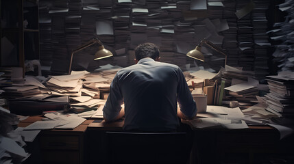 Exhausted man in office surrounded by folders and work - obrazy, fototapety, plakaty
