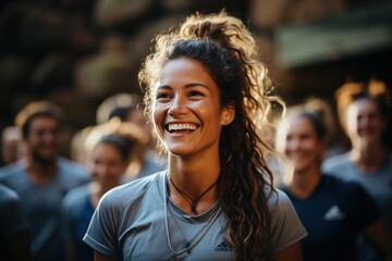 A group of friends in sportswear shares infectious laughter and warm smiles, highlighting the happiness and sense of belonging they find in their shared passion for fitness and active living