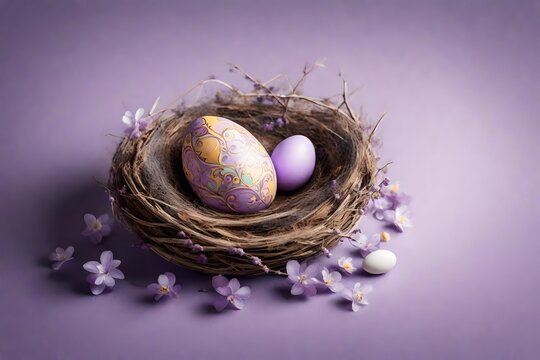 Aerial perspective of a beautifully crafted Easter egg in a nest on the side, set against a muted lavender background, forming an enchanting image with a solid, flat canvas for your text
